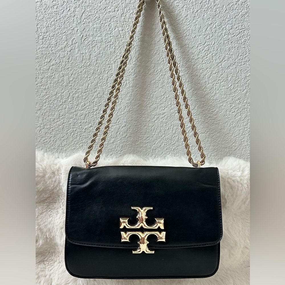 Tory Burch Black Leather Shoulder Bag with Gold Chain